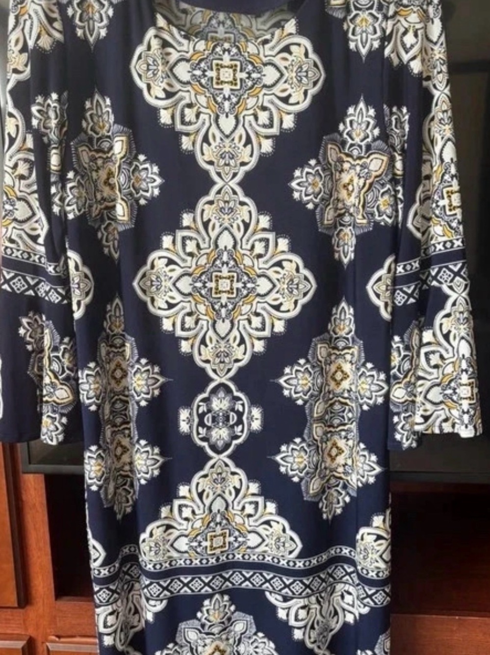 Studio One Navy, White & Gold Medallion Print Long Sleeve Dress